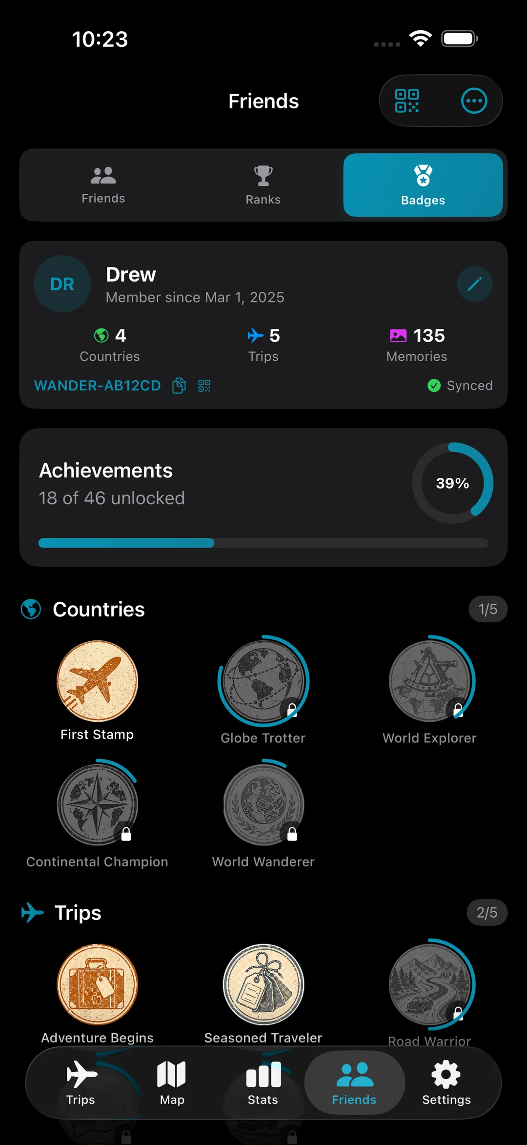 Achievements badge wall with 18 of 46 unlocked, showing Countries and Trips tier progressions