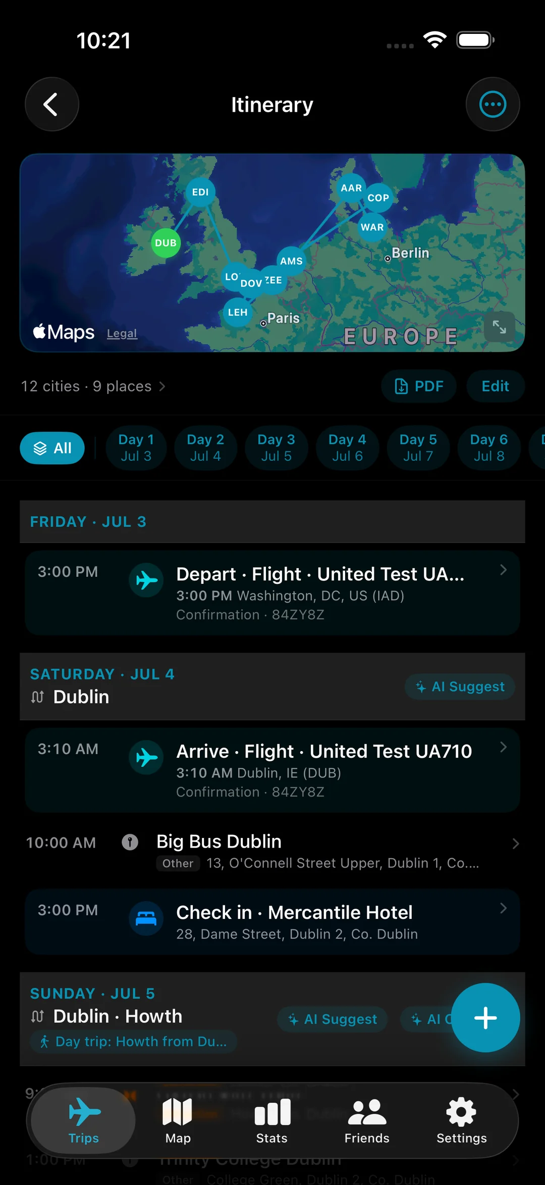 Day-by-day itinerary with stops, weather, and walking time