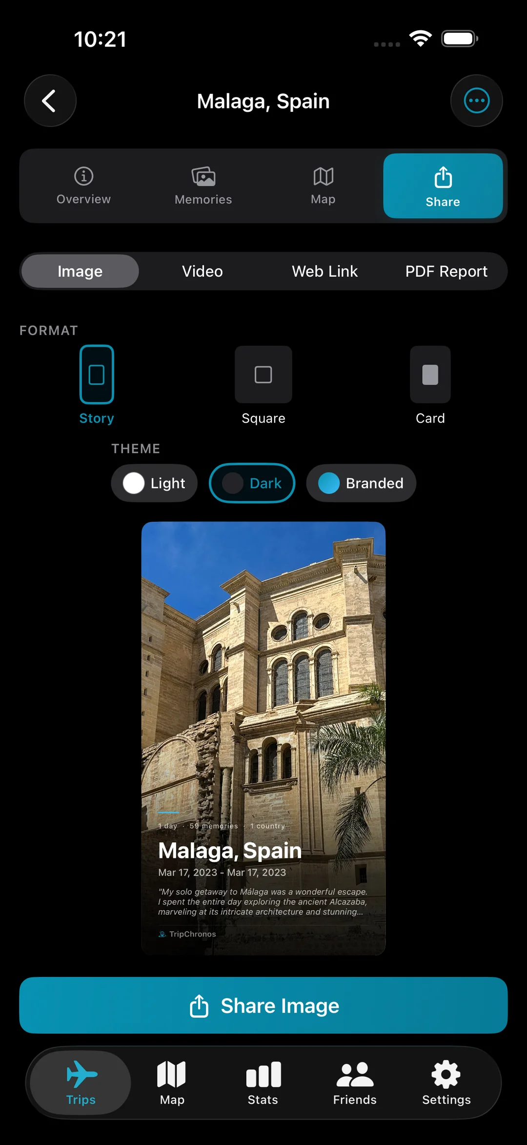 Share screen with options for video, web link, and PDF report