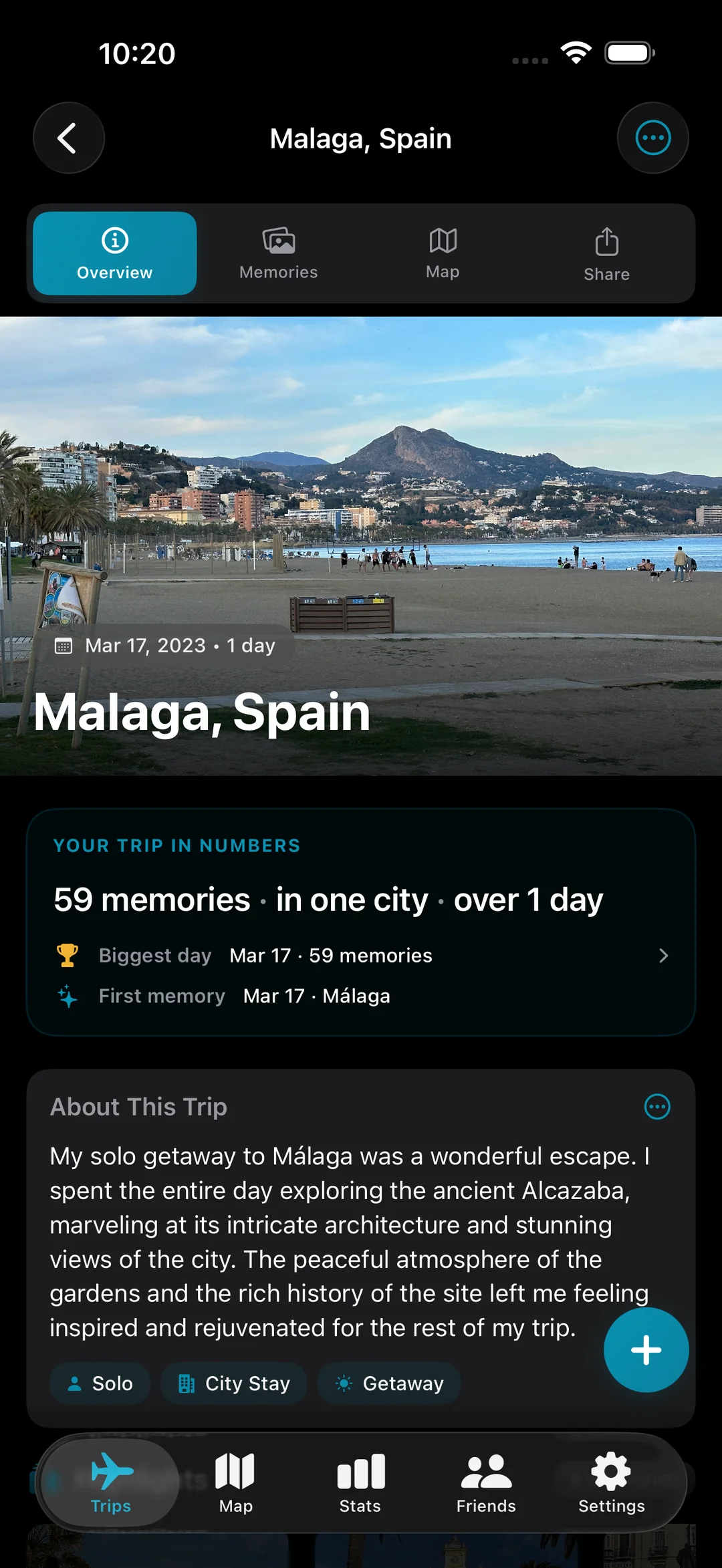 Trip overview for Málaga, Spain showing 59 memories in one city, with hero photo and Trip in Numbers summary