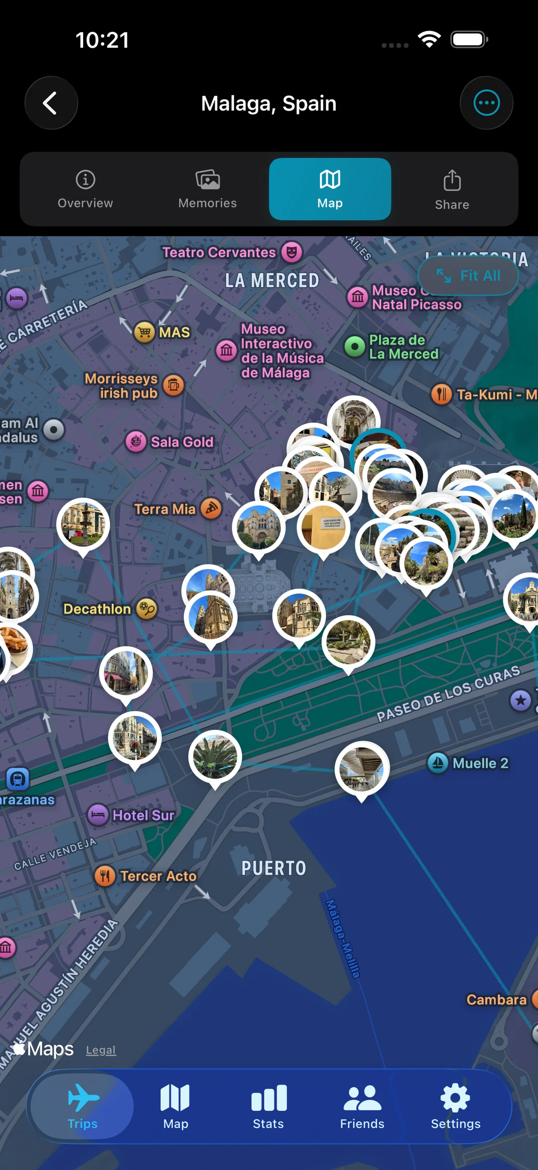 Trip Map for Málaga with photo memory pins clustered along the streets you walked