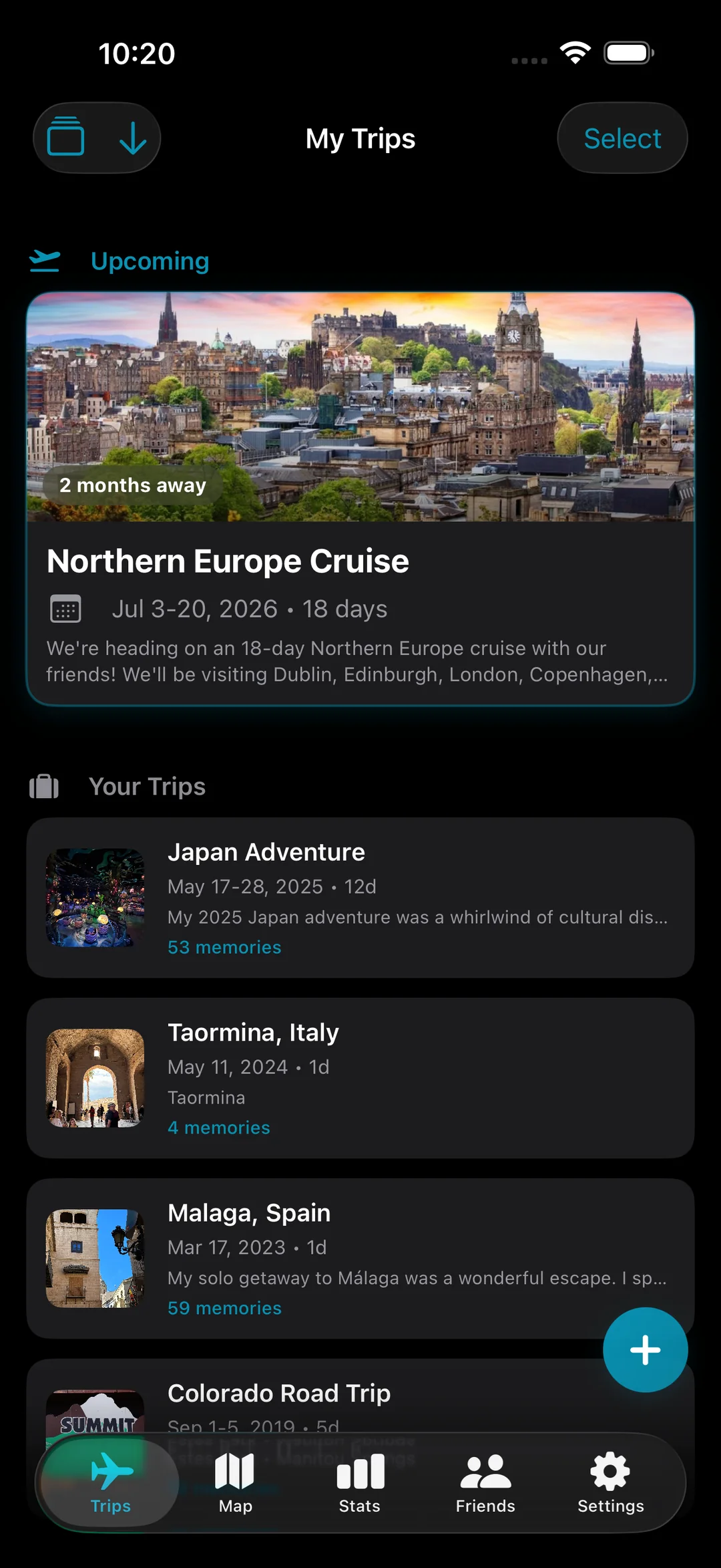 My Trips list with an upcoming Northern Europe Cruise and past trips to Japan, Italy, and Spain