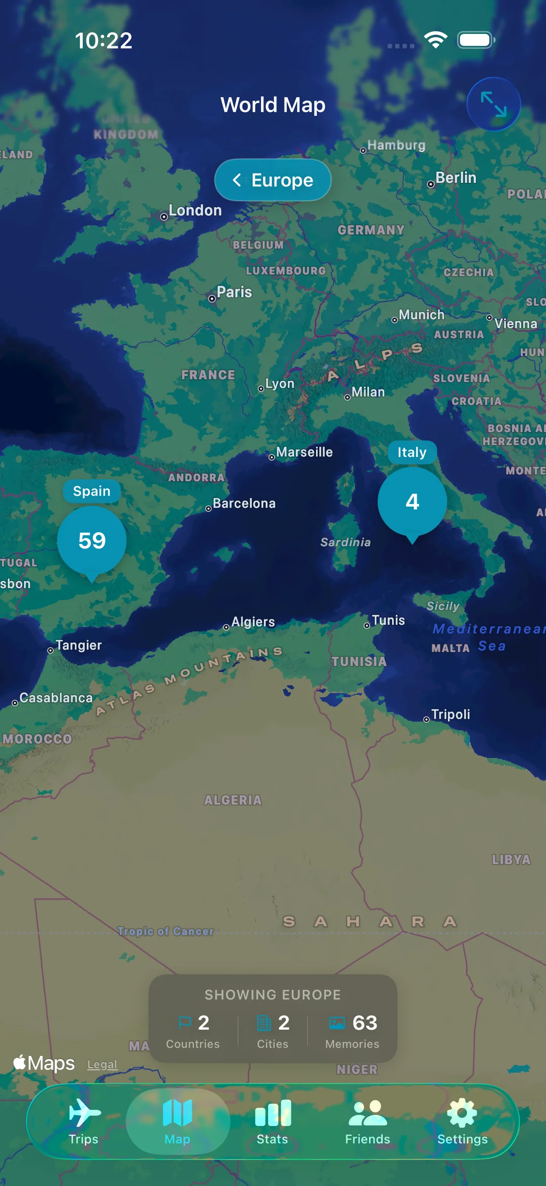 World Map drilled down to Europe showing 59 memories in Spain and 4 in Italy with country and city counts
